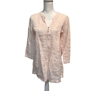 St Tropez West 100% Linen Embroidered Tunic Top Pink 3/4‎ Sleeve Button S